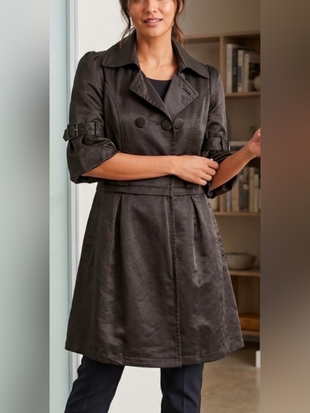 Luii brown Double-Breasted Trench Coat with Puff Sleeves